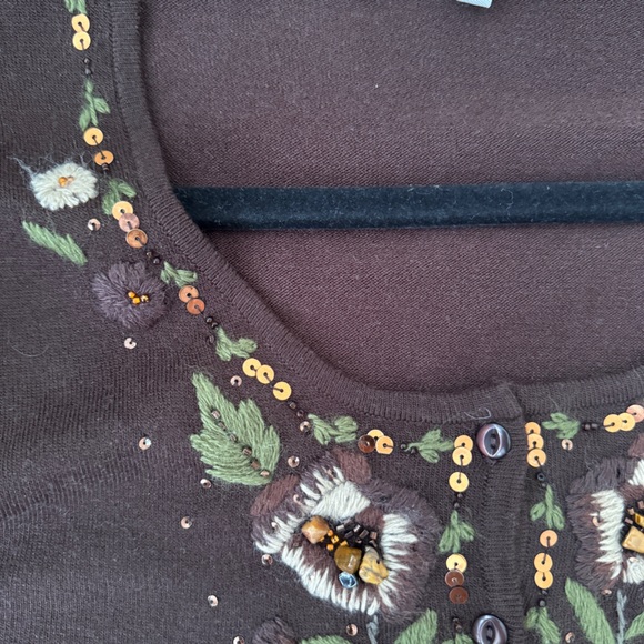 Vintage Y2K Brown Floral Embroidered Beaded Cardigan - Size Small - Picture 11 of 14